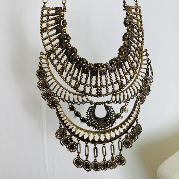Boho Metal Statement Bib Necklace Burnished Gold Mutli-Dangle Large - Picture 5 of 7